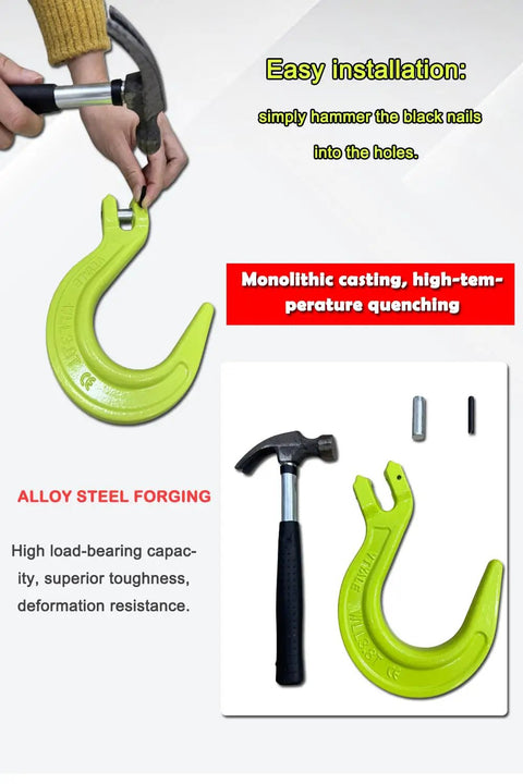 Three Eighths Inch Clevis Foundry Hook With 8377 Lbs Working Load Limit For Beefed Up Heavy Duty Lifting Grade 80 Alloy Steel Forged Construction Ideal For G80 Transport Binder Chain And Binder 1 Pack Ready To Use Rigging Set in use