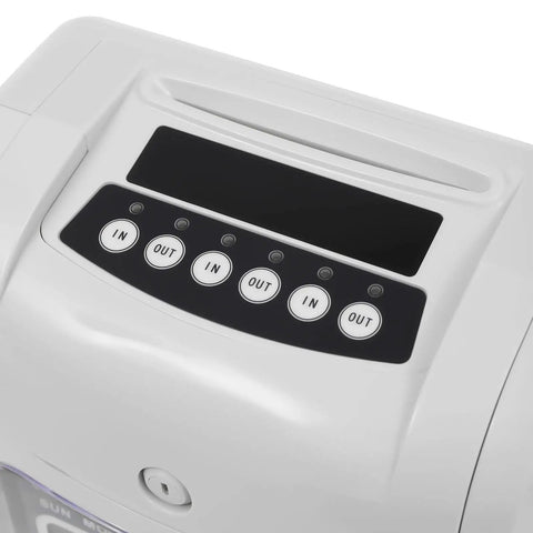 Heavy Duty Electronic Punch Time Clock For Small Business Crews Offering Hassle Free Auto Aligning Card Feeder And Keyed Security Lock Includes Fifty Trackers Plus Master Control Key top view showing buttons and card slot.