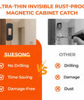 Ultra Thin No Drill Magnetic Cabinet Latches 4 Pack With 16 Adhesive Pads For Tight Gaps Black vs drilling image comparison