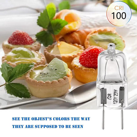 G8 Base 20W Halogen Light Bulbs 120V Under Cabinet Puck Replacements 1.38 Inch Length Bi Pin 360 Degree Beam Warm White 2700K