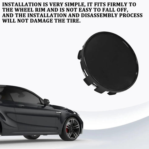 Universal 54 Mm Wheel Center Caps Snap In Rim Hub Covers Anti Scratch Dustproof Black Hubcaps shown installed on vehicle wheel rim.