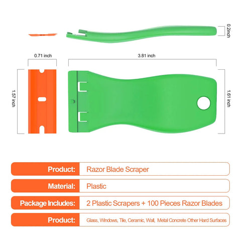 Plastic Razor Blade Scraper Tool Kit 2 Pack With 100 Replacement Blades dimensions and materials shown on diagram