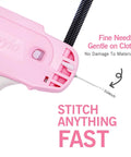 Clothing Repair Gun Kit With 5mm Mini Fasteners In Black And White, Durable Invisible Stitches For Quick Hem Fix, Includes 6 Needles, Pink Handle Sewing Tool, 1000 Black And 1000 White Fasteners, Easy On The Go Mending showing pink handle close-up.