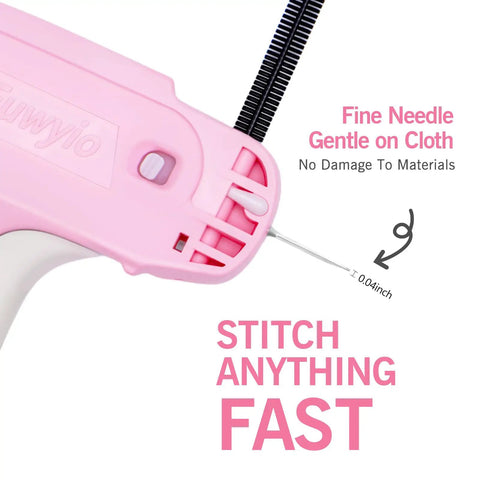 Clothing Repair Gun Kit With 5mm Mini Fasteners In Black And White, Durable Invisible Stitches For Quick Hem Fix, Includes 6 Needles, Pink Handle Sewing Tool, 1000 Black And 1000 White Fasteners, Easy On The Go Mending showing pink handle close-up.