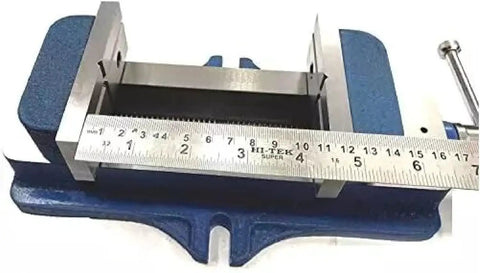 Close-up of Self Centering Vice Low Profile 50mm Jaw For Precision CNC Milling Grinding Machine with measuring ruler.