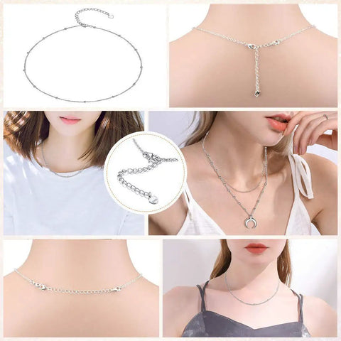Sterling Silver Necklace Extender Set 2 3 4 Inch Must Have Durable 925 Silver Extenders for Necklaces, Bracelets, Anklets, and Jewelry Making, Easy Clip On Removable and Shiny Finish for a Perfect Fit; shown worn and in detail.
