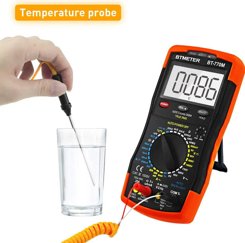 6000-Count True RMS Digital Multimeter measuring liquid temperature with probe, showing AC/DC voltages and ohms features.