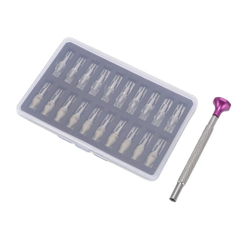 Watch Hand Presser Kit With 20 Interchangeable Pins and scratch proof stainless steel pusher shown with case