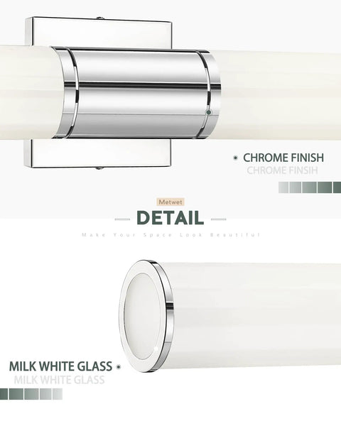 Two Light Vanity Lights With Milk Glass Shade In Chrome Finish Up And Down Wall Sconces, chrome detail and milk glass end