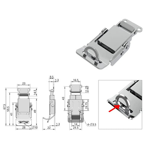 Stainless Steel Buckle Lock Latch For Tool Boxes And Cabinets, detailed dimensions and close-up of heavy duty toggle hasp
