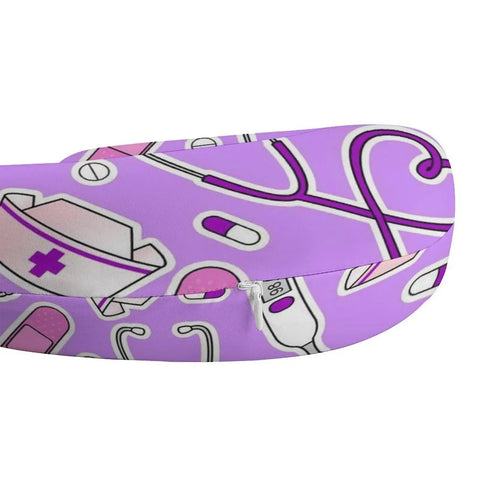 Close-up of nurse-pattern purple cover on U shape memory foam neck pillow, part of Nurse Pattern Purple U Shape Memory Foam Neck Pillow Travel Pillow For Airplane Car And Home Office Sleeping Super Lightweight Portable Headrest For Super Comfy Neck Support.