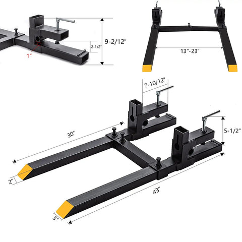 Clamp On Pallet Forks For Tractor Bucket With Adjustable Stabilizer Bar, 43 Inch Length, 2000 Pound Capacity, Fork Length 30 Inch