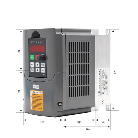 220V 3.0kW VFD Variable Frequency Drive Inverter For CNC Machines, 1HP Or 3HP Input, 3HP Output, CNC Driver And Motor Speed Control, Smooth Start, High Torque, Workhorse 220V Power front view with dimensions