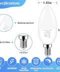 Specifications of Crisp Daylight LED Candelabra Bulbs 40W Equivalent, 4W E12 Small Base, dimensions and shatterproof cover detail