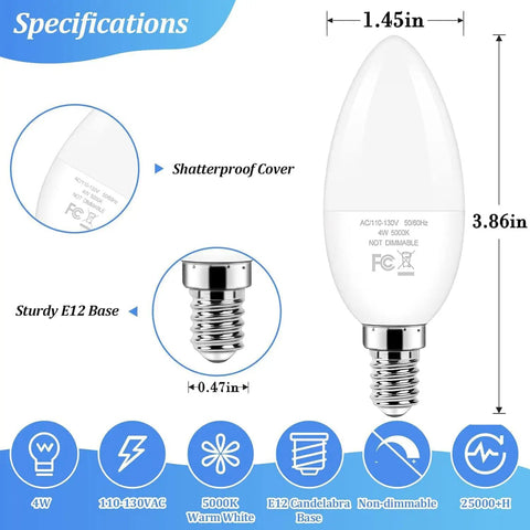 Specifications of Crisp Daylight LED Candelabra Bulbs 40W Equivalent, 4W E12 Small Base, dimensions and shatterproof cover detail