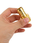 Kick Start Your Yard Work With This Awesome 4 Set Garden Hose Repair Connector Kit Featuring Snappy Clamps For Fast 5/8 Inch And 3/4 Inch Fittings To Fix Leaks Easy And Make Outdoor Watering A Total Breeze Today. gold aluminum hose repair connector with threaded fitting held in hand