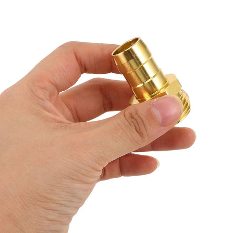 Kick Start Your Yard Work With This Awesome 4 Set Garden Hose Repair Connector Kit Featuring Snappy Clamps For Fast 5/8 Inch And 3/4 Inch Fittings To Fix Leaks Easy And Make Outdoor Watering A Total Breeze Today. gold aluminum hose repair connector with threaded fitting held in hand