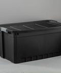 Heavy Duty Workhorse Plastic Storage Totes 50 Gallon Bulk Nine Pack Featuring Secure Snap Latching Lids Stackable Bin Set on display.