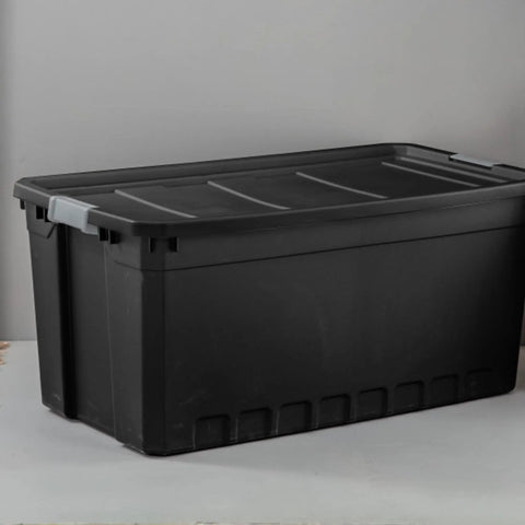 Heavy Duty Workhorse Plastic Storage Totes 50 Gallon Bulk Nine Pack Featuring Secure Snap Latching Lids Stackable Bin Set on display.