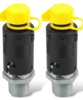 Two black and yellow oil drain valves for lawn and garden equipment with 3/8-18 NPTF thread, easy install drop in replacement.