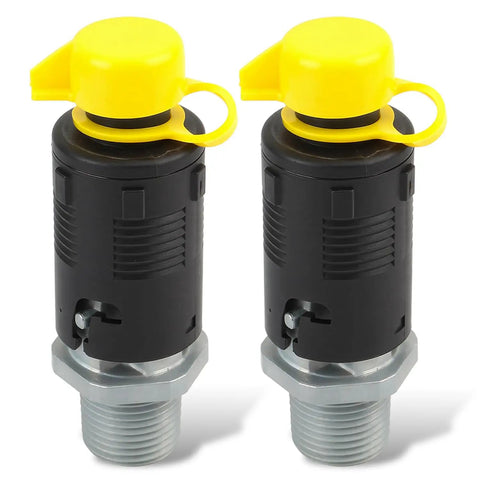 Two black and yellow oil drain valves for lawn and garden equipment with 3/8-18 NPTF thread, easy install drop in replacement.