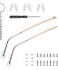 Gold Eyeglasses Repair Kit With Temple Arms Replacement Parts And Soft Nose Pads Plus Compact Screwdriver For Broken Frames set including temple arms, soft pads, screws, and screwdrivers.