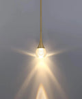 Teardrop Crystal Pendant Light With Gold Brushed Brass Finish One Light Mini LED Fixture Glass Globe Ceiling Pendant shown lit