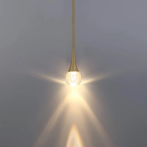 Teardrop Crystal Pendant Light With Gold Brushed Brass Finish One Light Mini LED Fixture Glass Globe Ceiling Pendant shown lit