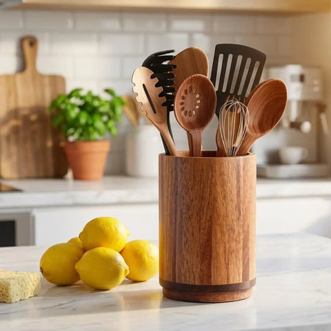 Acacia Wood 360 Degree Rotating Utensil Holder for Countertop with kitchen tools, lemons, and rustic backdrop.