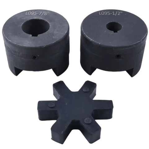 Heavy Duty 1/2 Inch To 7/8 Inch Flexible L Jaw Coupling Set With Buna N Rubber Spider For Log Wood Splitter 3 Piece Industrial Grade Interchangeable With Lovejoy Martin Browning TB Woods Built To Last, 1/2 and 7/8 bores with spider