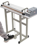 Heavy Duty Foot Pedal Heat Sealer Bag Machine For Industrial Shop With 850W Power And Quick Timer Control Grippy Base Pads in use with foot pedal.