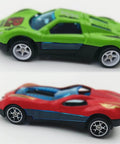 Side view of two 1/64 scale diecast model cars with the 10 Pack 1/64 Diecast Car Wheels And Tires Set With Mixed Rubber Tires.