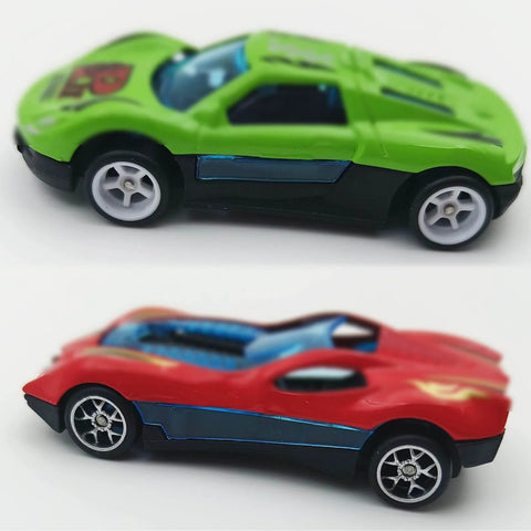 Side view of two 1/64 scale diecast model cars with the 10 Pack 1/64 Diecast Car Wheels And Tires Set With Mixed Rubber Tires.
