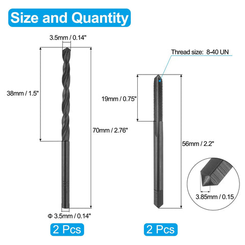 Image of Pro Grade Tap And Drill Bit Set For DIY Projects Includes Two 8 40 UN Taps And Two 3 5mm Drill Bits In Black Oxide HSS 6542 High Speed Steel