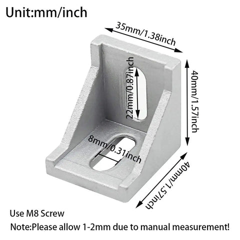 Inside Corner Bracket Gusset for 4040 Aluminum Extrusion with 8mm Slot, 3D view showing dimensions for industrial frames