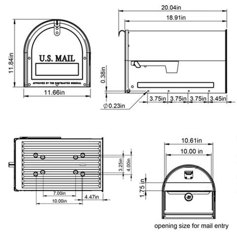 Technical drawing of Locking Post Mount Mailbox To Lock Down Your Mail, Large White Finish With Concealed Locking Compartment, dimensions