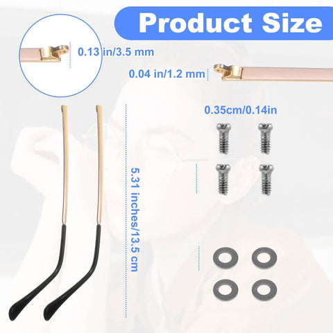 Universal Glasses Repair Kit With Screws And Two Pairs Of Replacement Arms For Broken Specs Featuring durable TR90 ear grips and sizes.