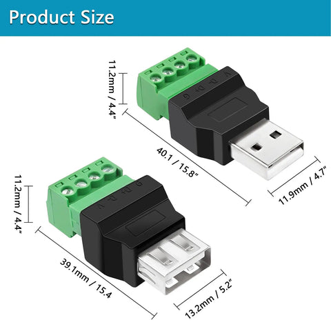 USB 2.0 Type A To 4 Pin Terminal Block Connector Adapter Pack showing product dimensions