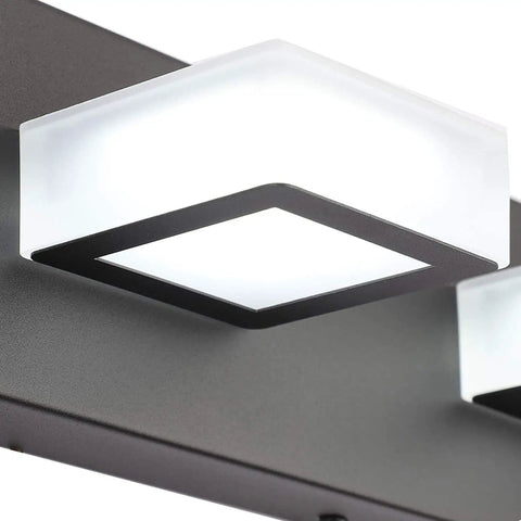 Close-up of Two Lights Black Modern Bathroom Vanity Light With Acrylic LED Wall Fixture, sleek black frame and frosted shade.