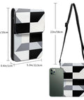 Super Chic Black And White Piano Grid Phone Pouch With Adjustable Crossbody Strap Hella Protective Lightweight Cell Phone Purse displayed with dimensions.