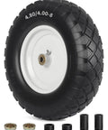 Hella Tough Flat Free Solid Wheelbarrow Tire And Wheel Combo 4.80/4.00-8 Inch with centered hub and spacers for garden use.