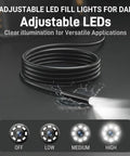 Borescope Inspection Camera With Light For Hard To Reach Areas showing adjustable LED light settings on a dark surface.