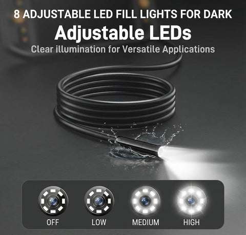 Borescope Inspection Camera With Light For Hard To Reach Areas showing adjustable LED light settings on a dark surface.