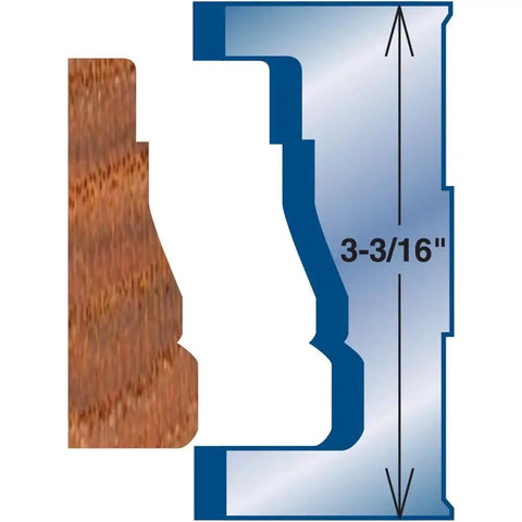 D4716 3-3/16 Inch Casing Molding Knife Set profile diagram, showing blade shape and wood cut comparison.
