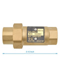 Brass dual check valve, 1/2 in FNPT, solid brass, max 150 psi at 180°F, side view with inlet/outlet arrows.