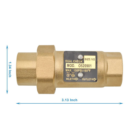 Brass dual check valve, 1/2 in FNPT, solid brass, max 150 psi at 180°F, side view with inlet/outlet arrows.