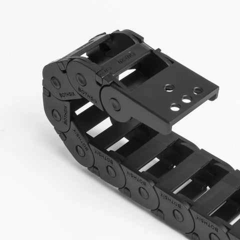 Side view of Drag Chain Cable Carrier 10x20mm Inner Height And Width R18 Bridge Type Openable Outer Side Black PA66 Nylon