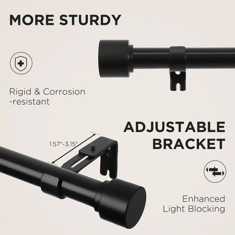Close-up of black heavy duty adjustable curtain rods for windows 32 to 120 inches with easy install brackets