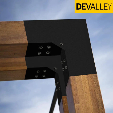 Close-up of installed Heavy Duty Galvanized Steel Pergola Brackets Kit For 4 By 4 Inch Lumber L Shaped DIY Corner Brackets