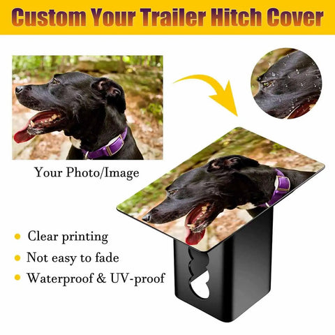 Personalized Hitch Cover For 2 Inch Receivers With Custom Photo And Text Heavy Duty Steel Trailer Plug Cover For Trucks SUVs And Pickups Make It Yours With Your Own Image Or Message featuring a dog photo